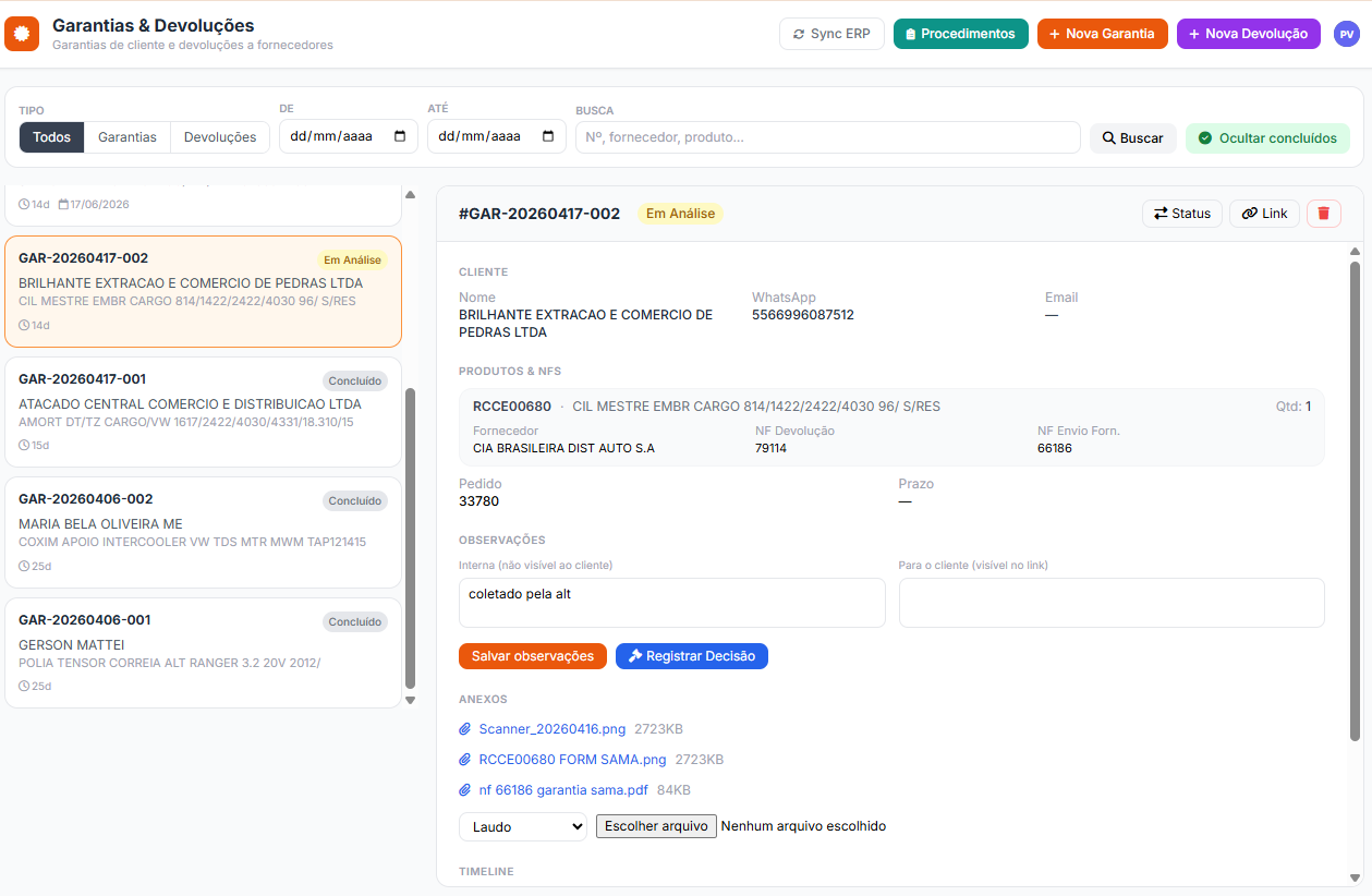 Tela de gestão de garantia com protocolo, status e timeline